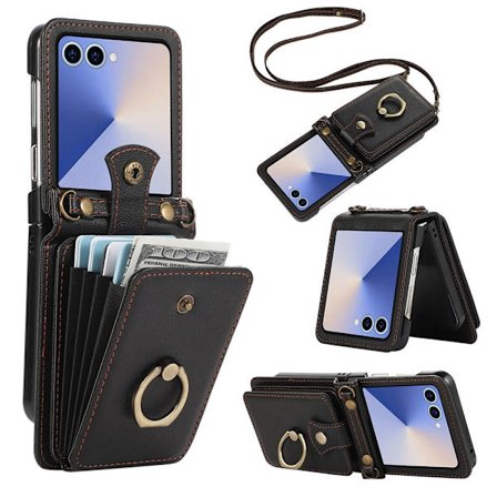 SKALO Samsung Z Flip7 Korttipidike Rengas Suojakuori - Musta