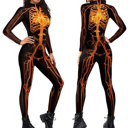 Dam Kostym Jumpsuit Bodysuit Cosplay Bodysuit Outfit med Skalle Skelett för Halloween