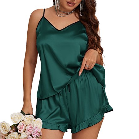 Sidenpyjamas för kvinnor Satin V-ringad pyjamas Camisole Shorts Set