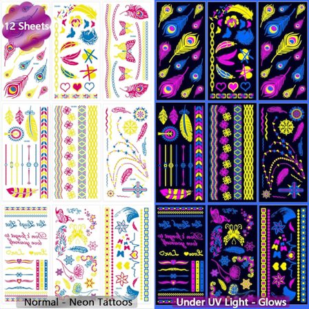 Neon Midlertidige Tatoveringer, Selvlysende UV Neon Tatoveringsklistremerker, Vanntette Tatoveringer for Voksne Barn Festdekorasjon
