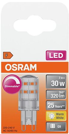 OSRAM LED pin 30 3W klar dim 2700K G9