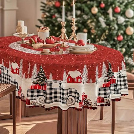 1 Vintage joulupöytäliina - Punaiset ja vihreät juhlapyhäkoristeet - Vintage lumiukko, poro, joulukuusi talvimaisemakuvio