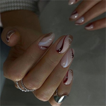 Randig Press On Nagel Fransk Mandelformad Falsk Nagel Lim på Nagel för Kvinnor