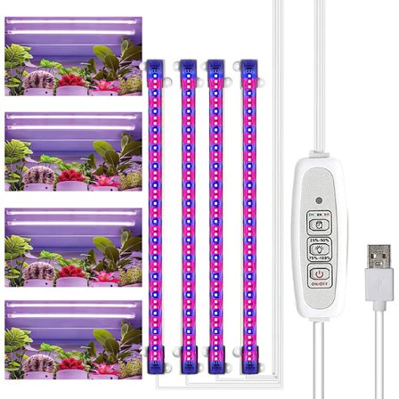 Plantelampe 4 hoder LED plantevekstlys, 6000K 10 nivåer dimbar timing, rødt blått lys