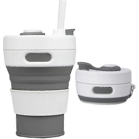 Sammenleggbar silikonkopp med sugerør, bærbar sammenleggbar kaffekopp, sportsvannflaske, utendørs reisekopp 450 ml (grå)