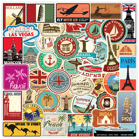 100 stk. Klistermærker Kuffert computer, rejseklistermærker, land, by, talrige og forskellige strand, farvede klistermærker til at dekorere fotoalbum 