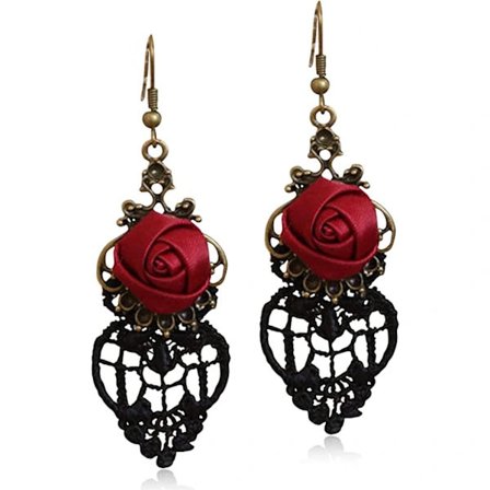 Unika personliga punk handgjorda lätta retro röda ros hängande örhängen för kvinnor och flickor med retro tygblomma krok örhängen[co]