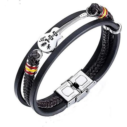 Armbånd i rustfritt stål for menn og kvinner, kreativt med flere sirkler, mini-gitarinnpakning, ekte lær, 1 stk