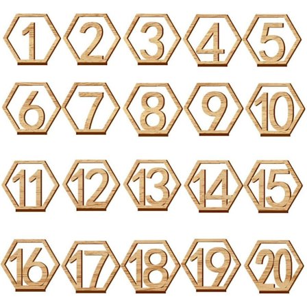 Bordnummer i tre 1-20 Bryllupsbordnummer med holderbase, sekskantform, perfekt for bryllup, fester, arrangementer eller catering
