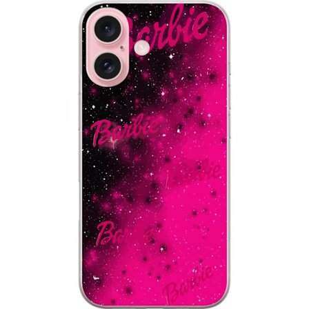 Yhteensopiva Puhelinkuori Apple iPhone 16 Barbie vaaleanpunainen galaksi vaaleanpunainen ja musta tähtitaivas, jossa useita Barbie-tekstejä täydelline