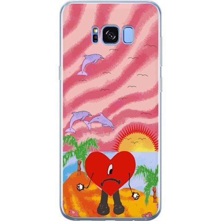 Yhteensopiva Puhelinkuori Samsung Galaxy S8+ Bad Bunny värikkäässä tikatussa takissa sydänkuvioilla ja aurinkolaseilla modernissa katutyylissä