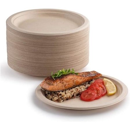 IC 100-pak superstærke paptallerkener % biologisk nedbrydelige og komposterbare Miljøvenlige, robuste genanvendelige Perfekt til grill, picnic (9")