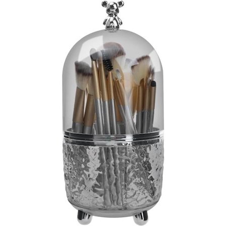 Sminkeorganisator med 6 rom, 360-graders roterbar, med bjørneformet lokk, kosmetisk organisator for leppestift, lipgloss, transparent, grå