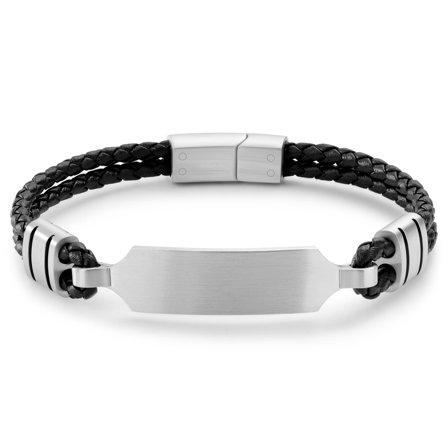 Nomen | Bracelet en cuir noir et plaque d'identification argentée pour hommes - Bracelets en cuir
