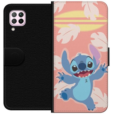 Kompatibel Tegnebogsetui til Huawei P40 lite Glad illustration af Stitch der hopper foran lyserød baggrund med surfbræt