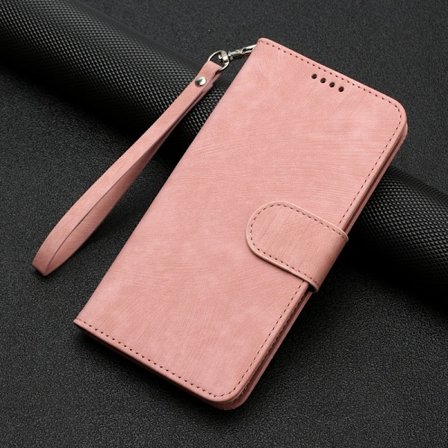 Fodral för iPhone 14 Plus randigt dubbelvikt kant rosa solid kant läder