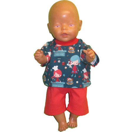 Baby Born-dockans shorts och t-shirt i turkos/rött.