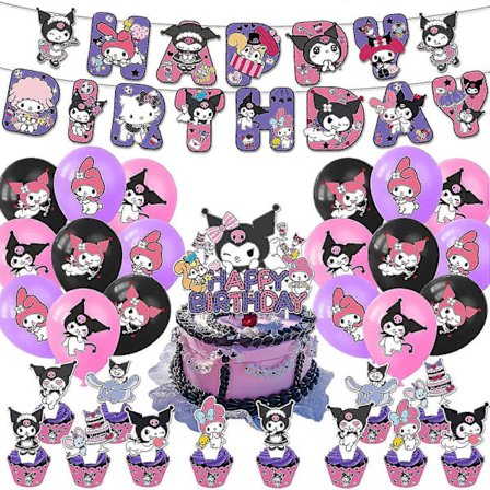 Curomi Tema Bursdagsfest Dekor Kuromi Trekk Flagg Kake Konto Ballong Spiral Spiral Oppheng Invitasjonskort