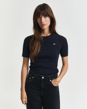 GANT Damen Zopfstrick-Pullover aus Stretch-Baumwolle (S) Blau