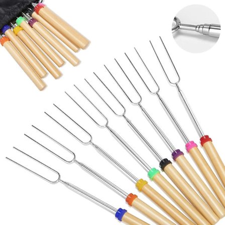 Marshmallow-paahtotikut puinen set , 8 Smores-vartaat, teleskooppihaarukat, 32 tuumaa kannettavalla