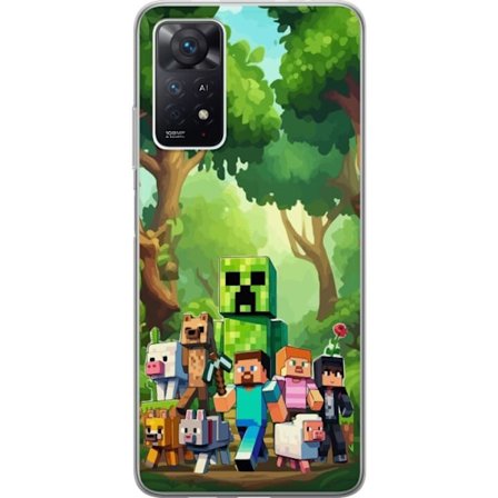 Yhteensopiva Puhelinkuori Xiaomi Redmi Note 11 Pro 5G Jämäkkä pikselöity pelimaailma, jossa vihreät hahmot ja eläimet rehevässä metsäympäris