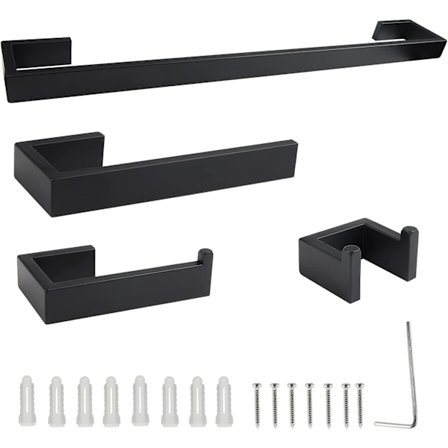40cm Handduksstång + Toapappershållare + 21cm Handduksstång + 4st Handdukskrokar 304 Rostfritt Stål Badrumstillbehör