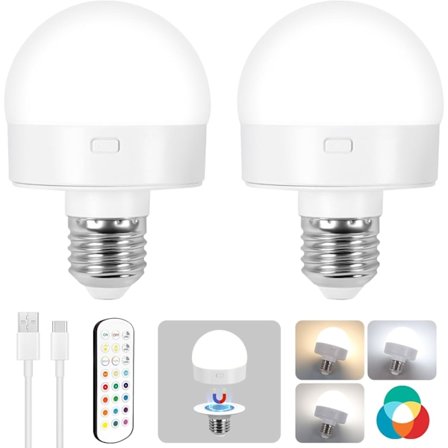 Fjernstyrt Oppladbar Lyspære, Trådløs Puck Lyspære Dimmbar Magnetisk, Tre Farger Lys, For Ikke Hardkablet Vegglys, 2 Pakk