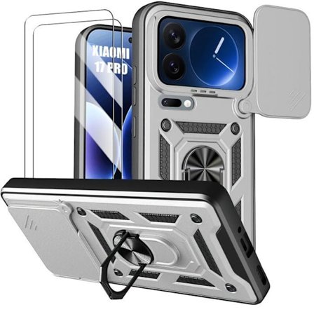 Cover til Xiaomi 17 Pro, Stødabsorberende med Ring og Kameradæksel - Sølv - 2 Hærdede Glas