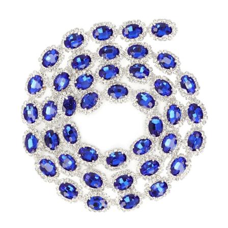 Rhinestone Ribbon Tassel Chain 1 Yard Blå 1,5 cm Bredde Oval Form Skinnende Rhinestone Frynser for Håndverk