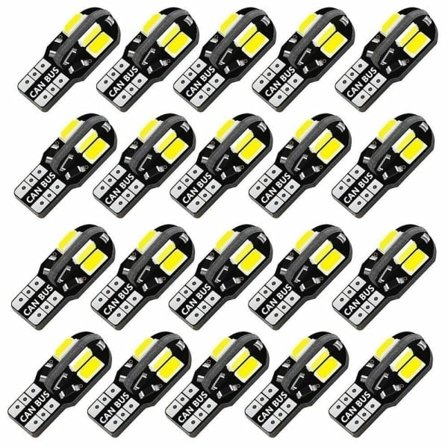 20kpl W5W T10 LED-polttimo Canbus 5730 8SMD 12V 6000K 194 168 LED auton sisätilan karttavalaisin kupolivalo pysäköintivalo auton suuntavilkku