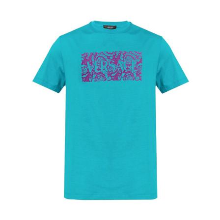 Versace, T-shirt with logo Blauw, Heren, Maat:S,Katoen,print