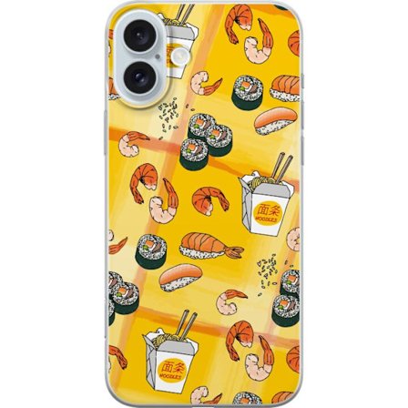 Kompatibelt Mobildeksel til Apple Apple iPhone 16 Plus Japansk matmønster med sushi, reker og nudler leken illustrasjon i sterke farger