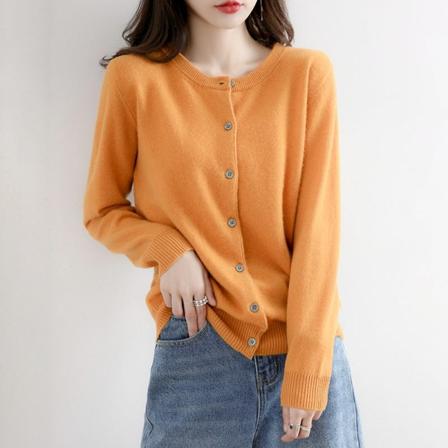 Dam flickor Stickat tröja Cardigan O-ringad Kort Slim Bottoming Långärmad Jacka Ginger yellow S
