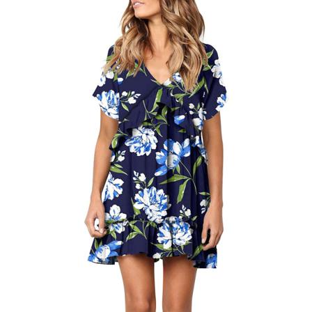 Sommarklänning Kvinnor Vintage V-ringad Snygg Print Ruffle Mini Sho