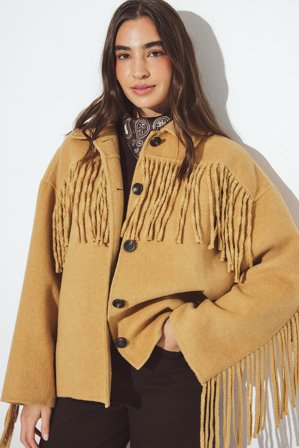 NA-KD Jacke aus Wollmischung mit Fransendetail - Overshirts - Beige - EU 34