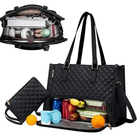 2-i-1 Handväska och Lunchväska - 15,6 tum, Isolerad Lunchväska, Kylväska, Läckagesäker Kylväska, Laptopväska för Arbete Svart svart