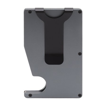 Grå minimalistisk kredittkortholder i aluminiumslegering med tyverisikring og automatisk utskyving