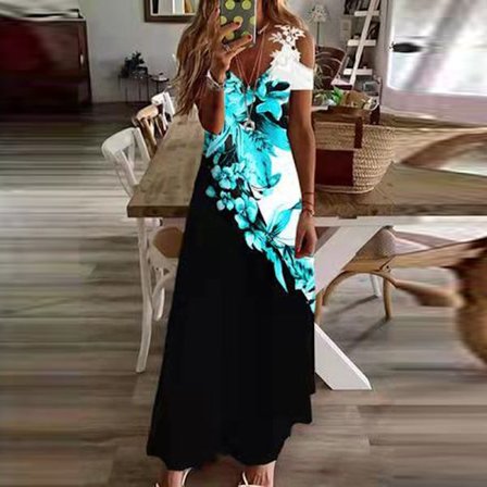 Stora Black Friday-erbjudanden! Sommarklänning för damer, kortärmad, lång, virkad maxiklänning, svartvit batikmönstrad 3XL, positionerad blå blommig