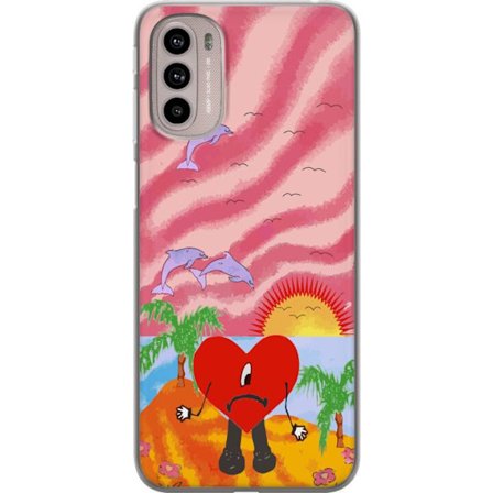 Kompatibelt Mobildeksel til Motorola Moto G41 Bad Bunny i en fargerik quiltet jakke med hjertemønster og solbriller i moderne gatestil