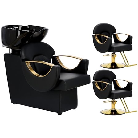 Jayce set tvättstuga frisörsalong – 2x hydraulisk frisörstol med fotstöd, rörlig tvättställ keramisk skål, armatur & duschmunstycke