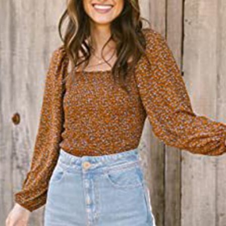 Dam Blommig Tryckt Topp Casual Rynkad Puff Långärmad Blus Dam Rynkad Byst Rynkad Midja Topp Khaki M