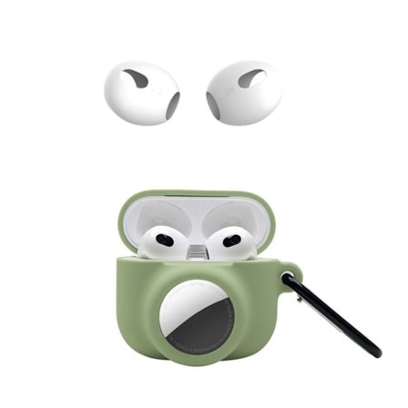 AirPods 3 / AirTags silikoneetui med karabinhage og ørepropper - Avocadogrøn