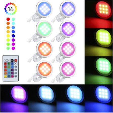 Rund dimbar RGB led skåpbelysning, fjärrkontrollinställning, 8 delar set