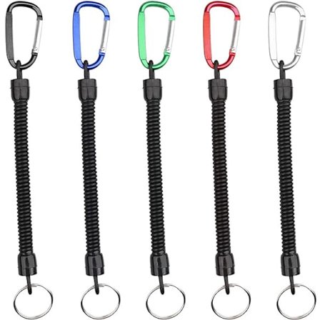 5 stk. strækbar spiral nøglering med farvet karabinhage, spiral sammentrækkelig fjeder nøglering tyverisikret anti-tabt strækledning