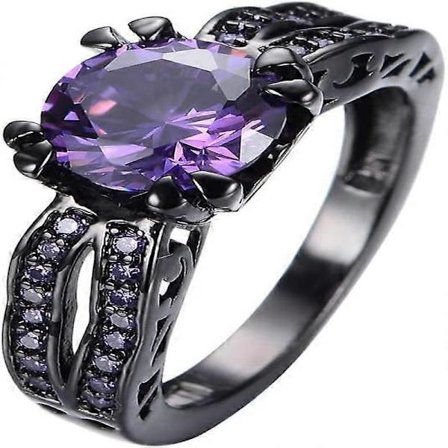 Sort Mode Ametyst Lilla Fødselssten Ring Rundslebet Brudesæt Sort Guldbelagt Dame Bryllupsring Sæt