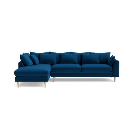 Ofelia Chaiselongue-Sofa, links, Riviera Königsblau, elegantes Design, inklusive aller Kissen, weicher Komfort, 85cm Höhe, modern.