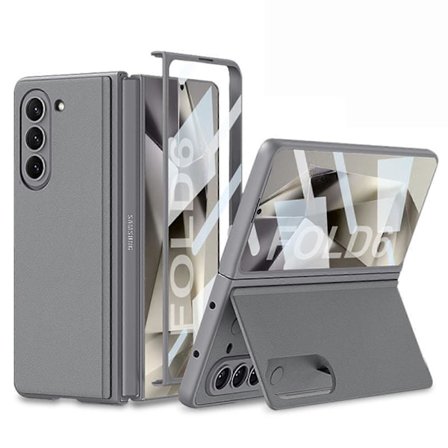 Skal för Samsung Galaxy Z Fold 6 med Ställ, Ultratunt Slim Skal med Inbyggt Skärmskydd, Trådlös Laddning Läderskydd för Z Fold 6