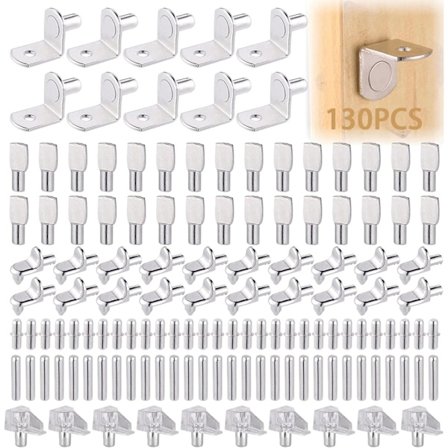 130 Dele 6 Stilar Hyldestøtte Stift Sæt, Hyldestifter, Metalhyldebeslag og Støtte til Glashyldestøtte, Køkkenskabshyldestifter