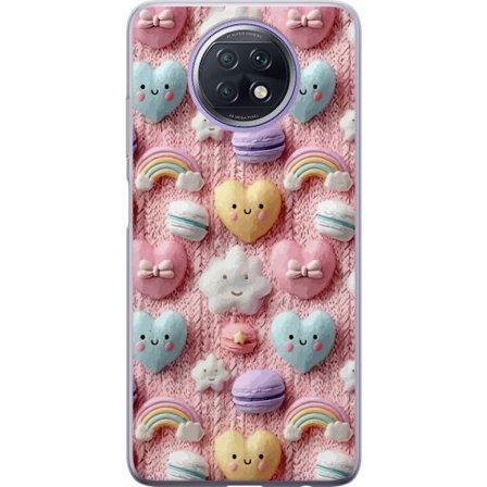 Yhteensopiva Puhelinkuori Xiaomi Redmi Note 9T Pastellimotiiivi sydämillä, pilvillä, sateenkaarilla ja makaronseilla vaaleanpunaisella taustalla su