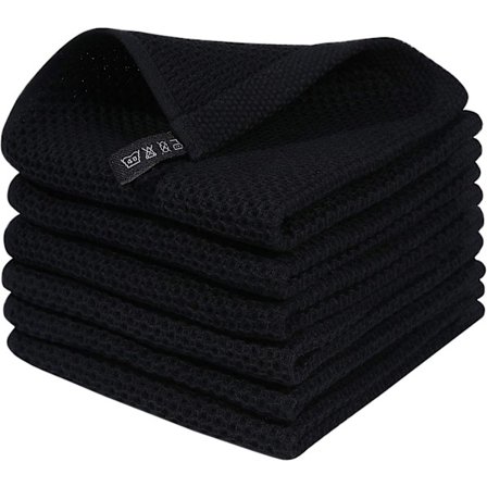 100% Bomuld Wafflevævet Køkkenopvask Klud, Ultra Blød Absorberende Hurtigtørrende Opvaskhåndklæder, 12x12 Tommer, 6-Pak, Sort